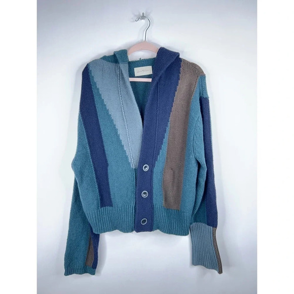 Necessity Sense Knit Cardigan Sweater Lambs Wool Blue Stripe Knit Hooded Medium - Picture 1 of 13